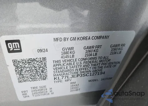 2025 Chevrolet Trax 2Rs from USA, damaged, VIN KL77LJEP3SC127194